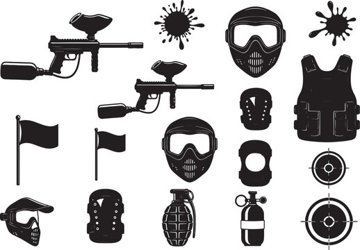 Black silhouette of paintball equipment, including guns, masks, vests, flags, targets, and paint splatters also transparent background