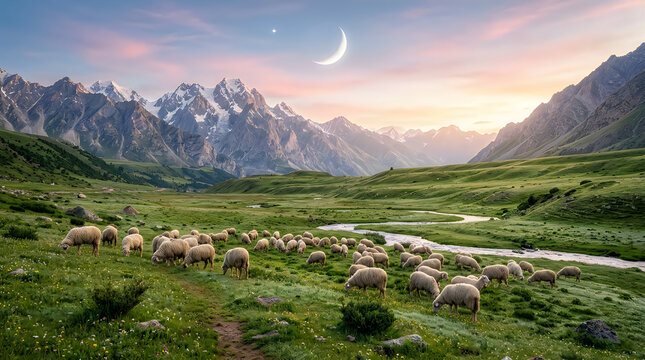 Sheep grazing in a lush green meadow at sunset