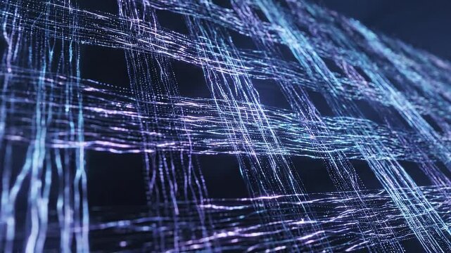 Abstract digital network of glowing blue and purple light trails forming a grid pattern against a dark background representing data flow and connectivity Keywords: abstract, digital, network