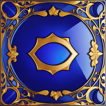 Digital art nouveau homage cobalt snow square, vibrant concept colors with golden elements background, graphic design illustration wallpaper, blue and gold frame