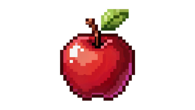 Isolated pixel art red apple with green leaf and brown stem for retro gaming graphic design