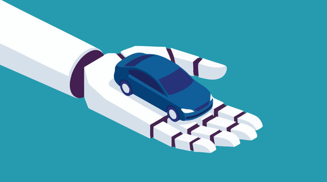 Robotic arm holding a car, symbolizing automotive automation and AI