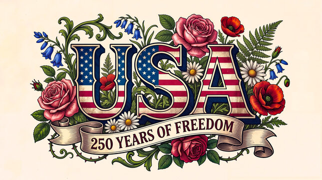 American flag USA letters with vintage floral border and banner for two hundred fifty years of freedom