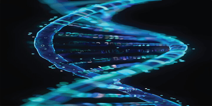 3D render of a glowing blue DNA double helix structure with particles on a dark background computer generated deoxyribonucleic acid double spiral genetic code medical science organic chemistry