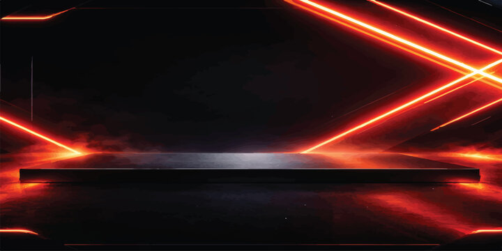 Futuristic dark stage with neon red laser light lines and empty product display podium sci fi futuristic background abstract technology geometric presentation showroom illustration spotlight