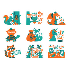 Fototapeta premium colorful animal finance illustrations, vector icons isolated on white background