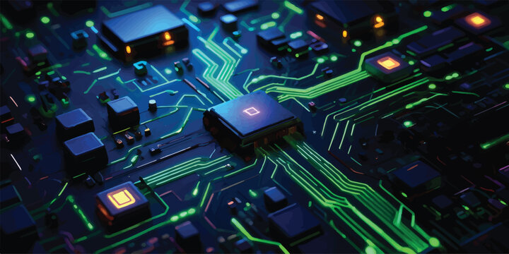 Close up of a futuristic circuit board with glowing green circuits high tech integrated technology background abstract technology computer hardware electronic tech industry