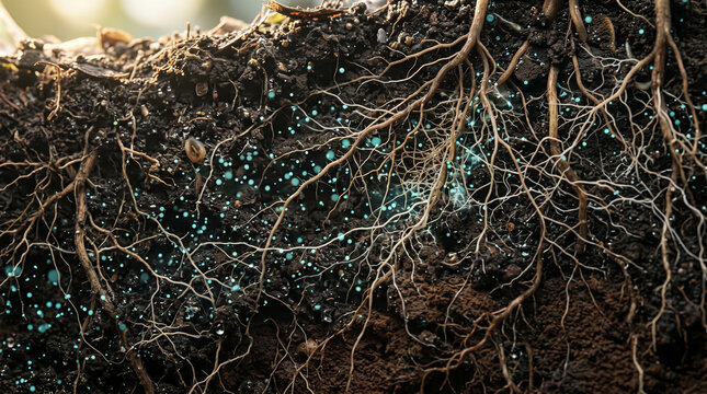 Microscopic turquoise plastic beads infiltrating organic soil layers and plant roots depicting environmental toxicity and synthetic contamination.