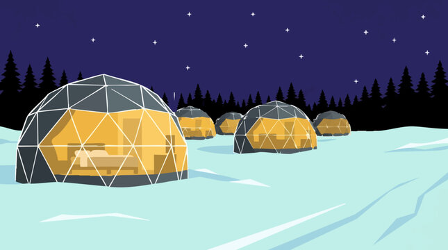 Winter glamping domes in snowy forest under starry night sky