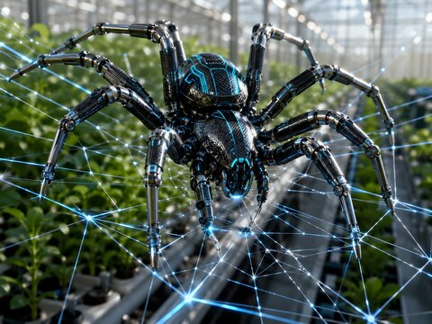 Futuristic biomechanical spider on a glowing digital network web in a greenhouse, cyber-organic smart farming concept