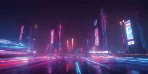 Abstract futuristic cityscape at night with neon lights light trails cityscape futuristic abstract buildings cyberpunk colorful technology architecture downtown background illumination © Crazy CactuSS 