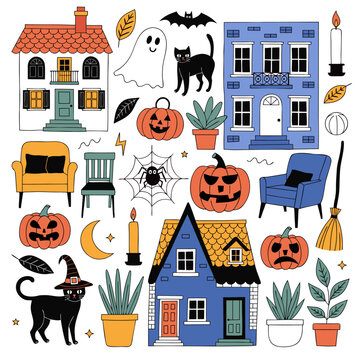 Halloween doodles with pumpkins, houses, and spooky elements