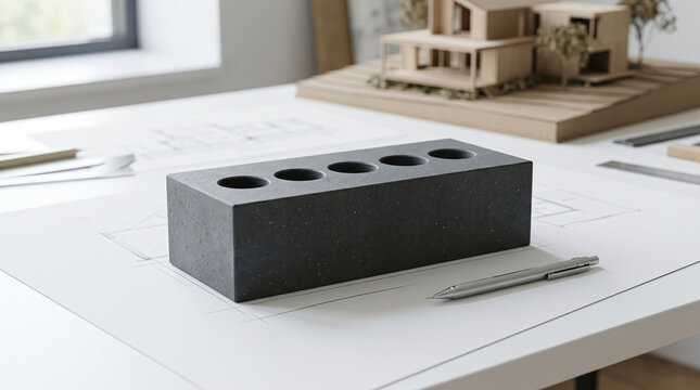 Dark granular composite block with circular perforations positioned on technical blueprints in a sustainable architecture and industrial design setting.