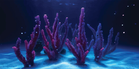 Purple coral branches swaying in a dimly lit aquarium with sandy bottom and small bubbles sea life ocean floor aquarium underwater decoration environment ecosystem seascape geography © Rosa Alba L 