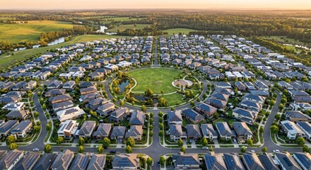 Fototapeta premium Aerial View of Suburban Neighborhood with Curved Streets and Central Park Green Space