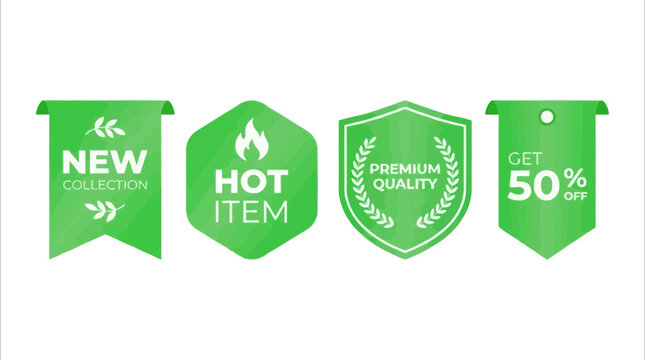 Collection Promotion Tags Hot Item, Premium Quality, and New Arrivals with a 50% Discount Offer