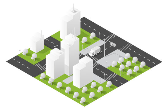 Isometric city layout with urban infrastructure planning