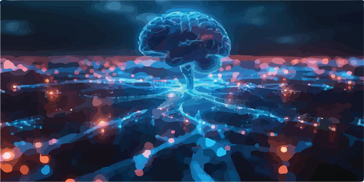 Artificial intelligence human brain connected to abstract glowing digital neural network with machine learning deep learning high tech data flow information processing big data technology