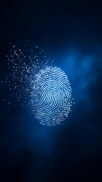 Glowing blue fingerprint dissolving into particles against a dark smoky background symbolizing digital identity and security fingerprint identity security
