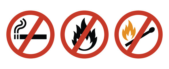 No smoking sign red prohibition icon safety instruction warning signage, no open fire and no flame restriction symbol vector illustration, clear regulatory pictogram for public health communication,  © Mizanur Mizu