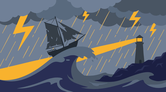Dramatic storm at sea with sailing ship, lighthouse, and lightning