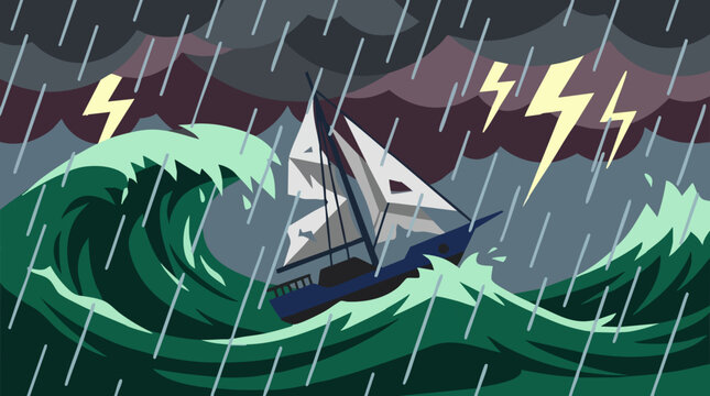 Sailboat caught in a severe ocean storm with rain and lightning