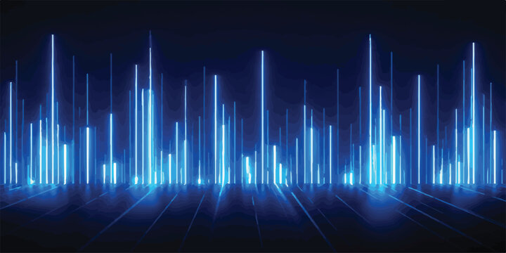Abstract background with bright blue glowing vertical neon lines forming a digital equalizer or sound wave pattern data visualization sci fi modern art vertical abstract background equalizer