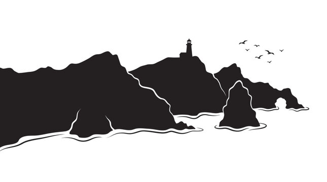 Dynamic black and white illustration of a lighthouse standing tall on rugged coastal cliffs, overlooking the vast ocean with soaring birds, embodying serene solitude and steadfast guidance