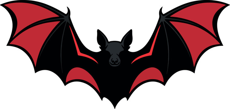 Stylized black and red bat with wings spread wide also transparent background, flying
