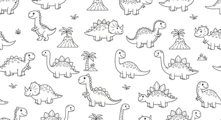 Cute Cartoon Dinosaur Outline Seamless Pattern © huhiyart