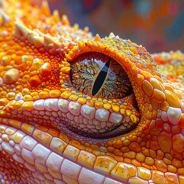 Close-up of a vibrant orange and yellow gecko eye with intricate scales