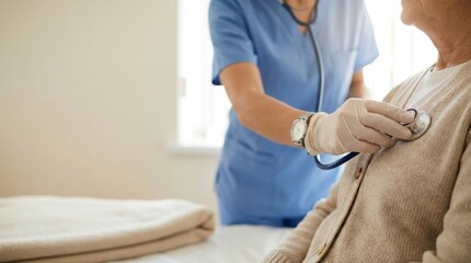 Obraz premium Heart disease in older women. Close-up of female doctor examining senior patient with stethoscope, elderly healthcare concept.