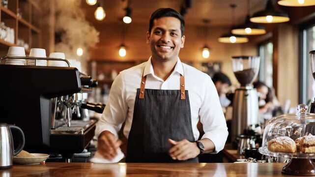 smiling indian barista in apron wiping wooden counter in modern coffee shop. small business owner working in cafe. hospitality, customer service, commercial food industry concept.