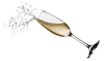 Isolated champagne flute with splashing golden sparkling wine and many bubbles © Niamh