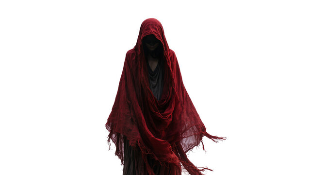 Isolated menacing figure in dark red hooded cloak, ragged and flowing, with hidden face