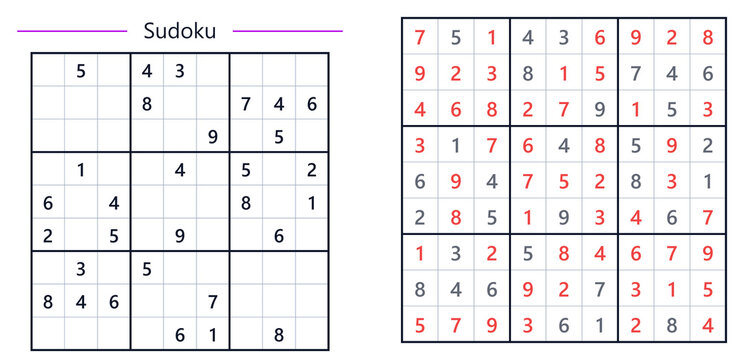 Sudoku puzzle hard level with empty grid and completed solution  