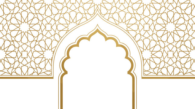 Islamic geometric pattern background with elegant gold arch frame and white copy space