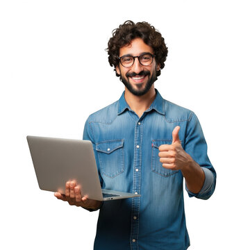Smiling man using laptop with thumbs up isolated on transparent background