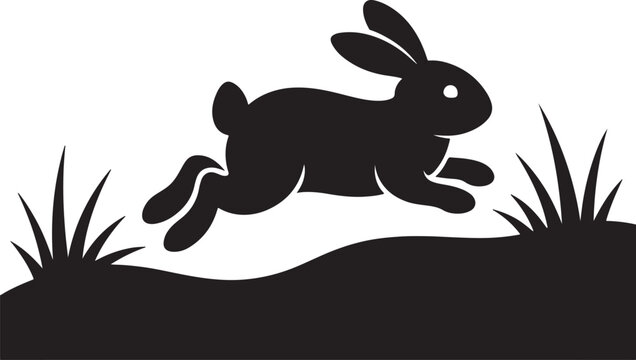 Black silhouette of a jumping rabbit in a grassy field on white background
