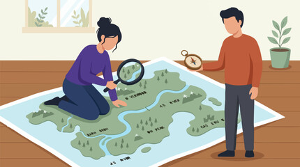 Fototapeta premium People navigating and planning a journey on a detailed adventure map