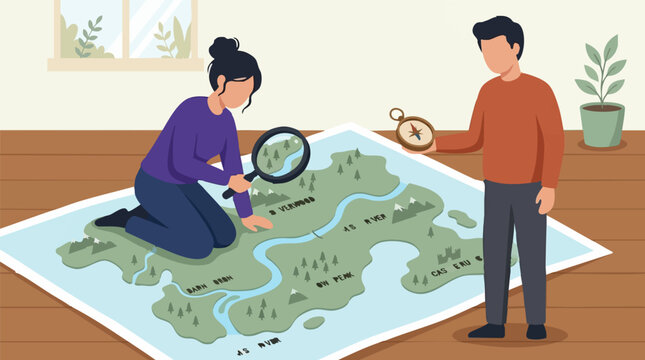People navigating and planning a journey on a detailed adventure map