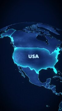 3D Vertical Digital Holographic Map of the USA with Glowing Blue Borders for Global Business Presentations and Geopolitical News Broadcasts
