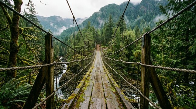 A wooden suspension bridge in a forest with mountains in the background on a cloudy day.