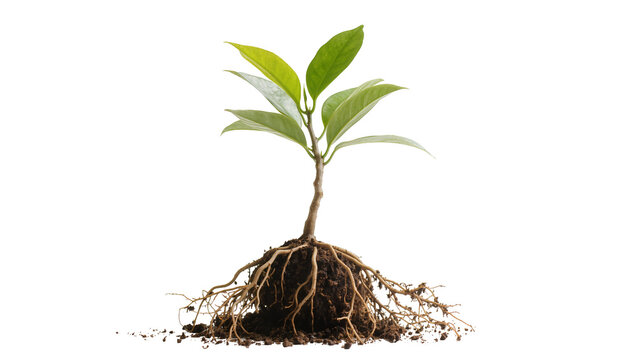Isolated young plant with green leaves and visible roots in soil, representing growth and nature