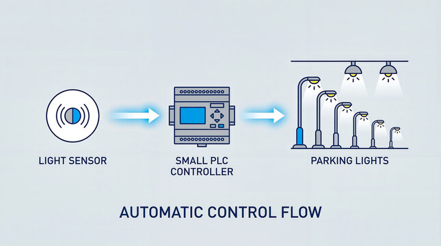 Automatic control flow infographic with light sensor small programmable logic controller and parking lights