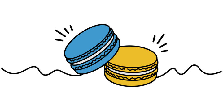 Macaroons cookies one continuous line art drawing vector illustration. Yellow and blue macaroons single line art, Three macarons, one continuous line, minimalist style, vector. Single continuous line 
