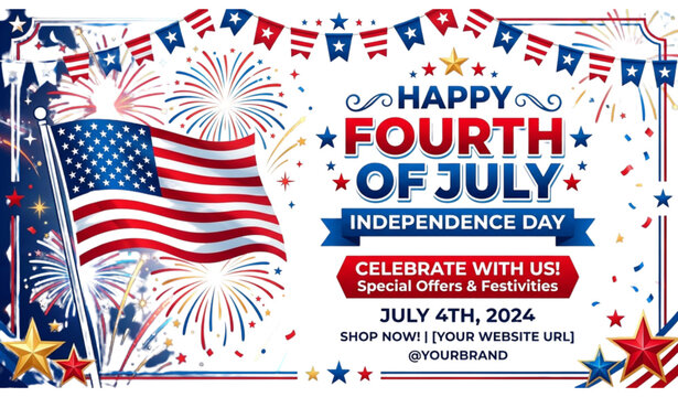 Fourth of July social media banner vector template with patriotic American flag fireworks and Independence Day celebration theme