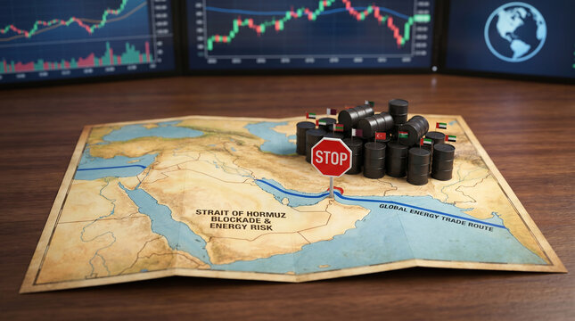 Strait of Hormuz Blockade Map Concept with Oil Barrels and Stock Market Charts