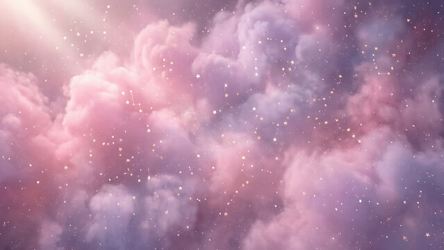 Fond c&eacute;leste onirique aux nuages roses et violets doux, &eacute;toiles brillantes et constellations, esth&eacute;tique de n&eacute;buleuse &eacute;th&eacute;r&eacute;e pour design fantasy