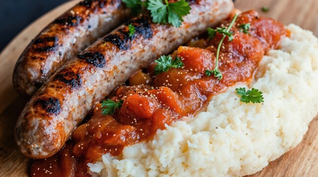 Grilled boerewors sausages served with pap and tomato relish on a wooden board. Hearty, traditional South African comfort food, perfect for a family meal.